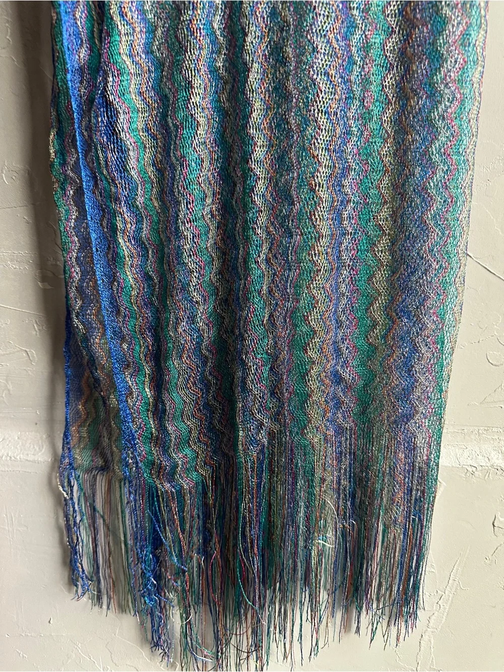 Metallic Mesh Knit Fringe Shawl Teal Blue Boho Festival Y2K Scarf 74x34